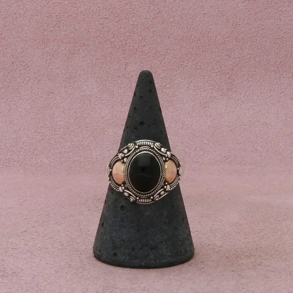 sterling silver & 18k gold bali beaded onyx ring size 8.5